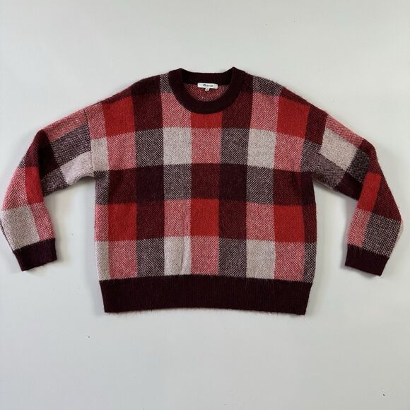 Madewell Fenimore Red Plaid Pullover Sweater Alpaca Wool Blend size medium - Picture 1 of 6